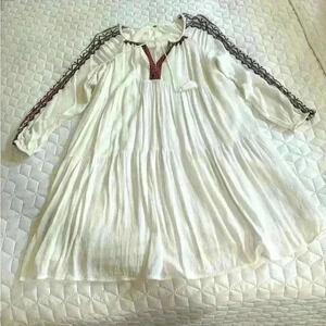 Old Navy Long Sleeve BOHO Embroidered Dress Womens Size M White Lined Tassel